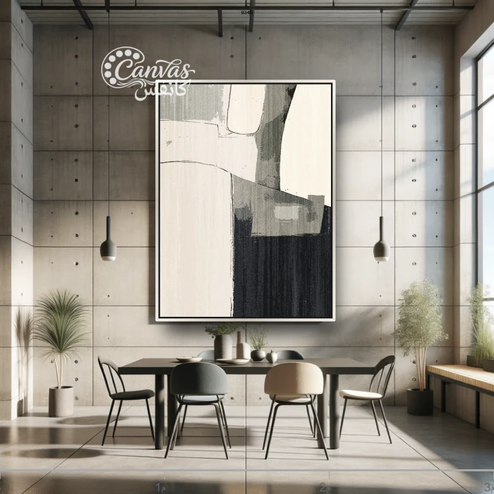 لوحة تجريدية بألوان محايدة وعناصر هندسية