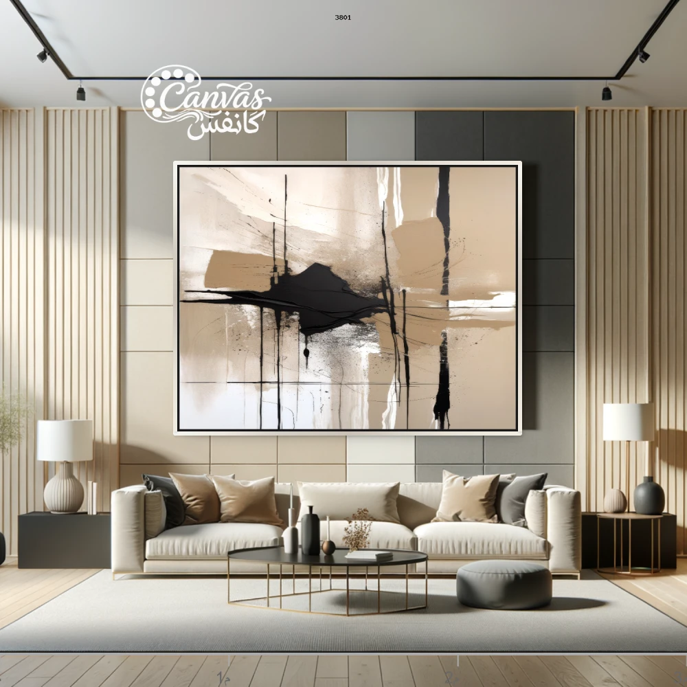 لوحة تجريدية بألوان دافئة وعناصر خطية