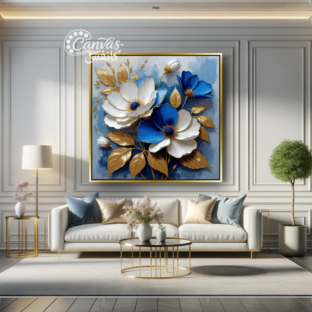 لوحة زهور بألوان زاهية مع خلفية زرقاء