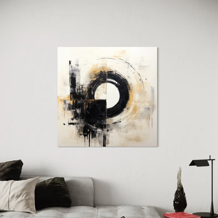 لوحة تجريدية بألوان متباينة وعناصر دائرية