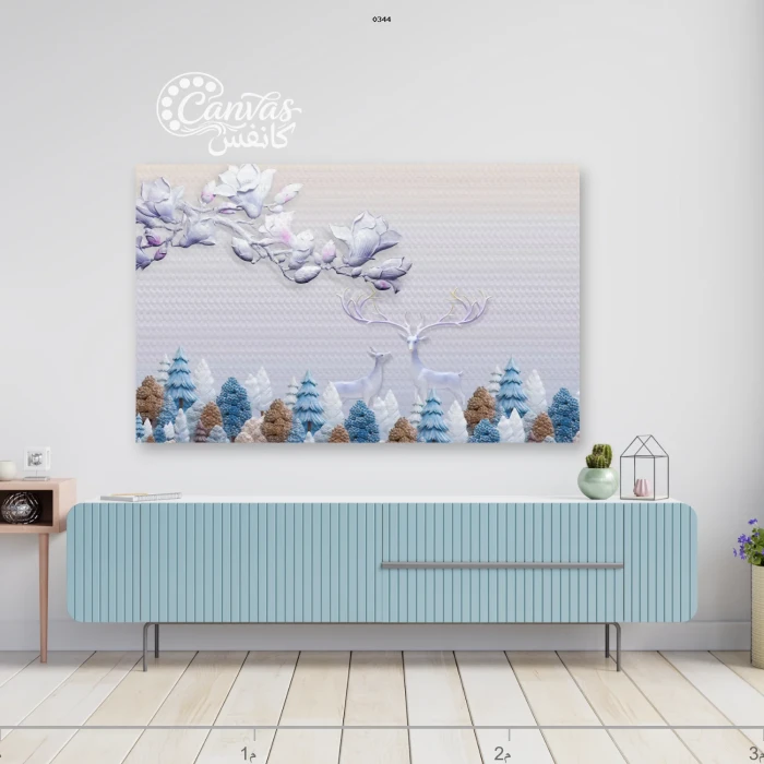 لوحة طبيعية مع غزلان وأشجار ملونة