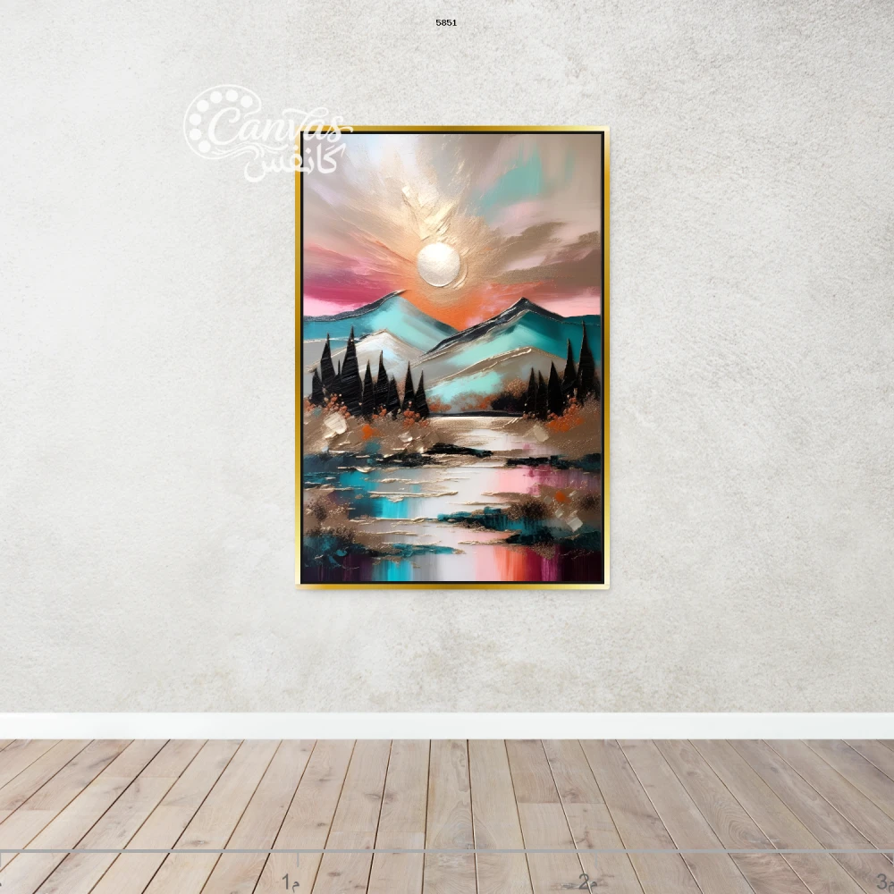 منظر طبيعي جبلي مع بحيرة وشمس غاربة