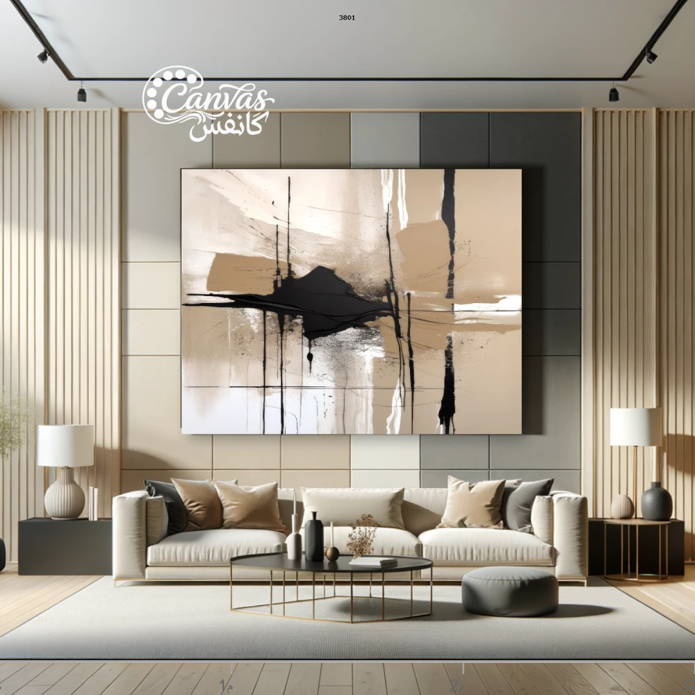 لوحة تجريدية بألوان دافئة وعناصر خطية