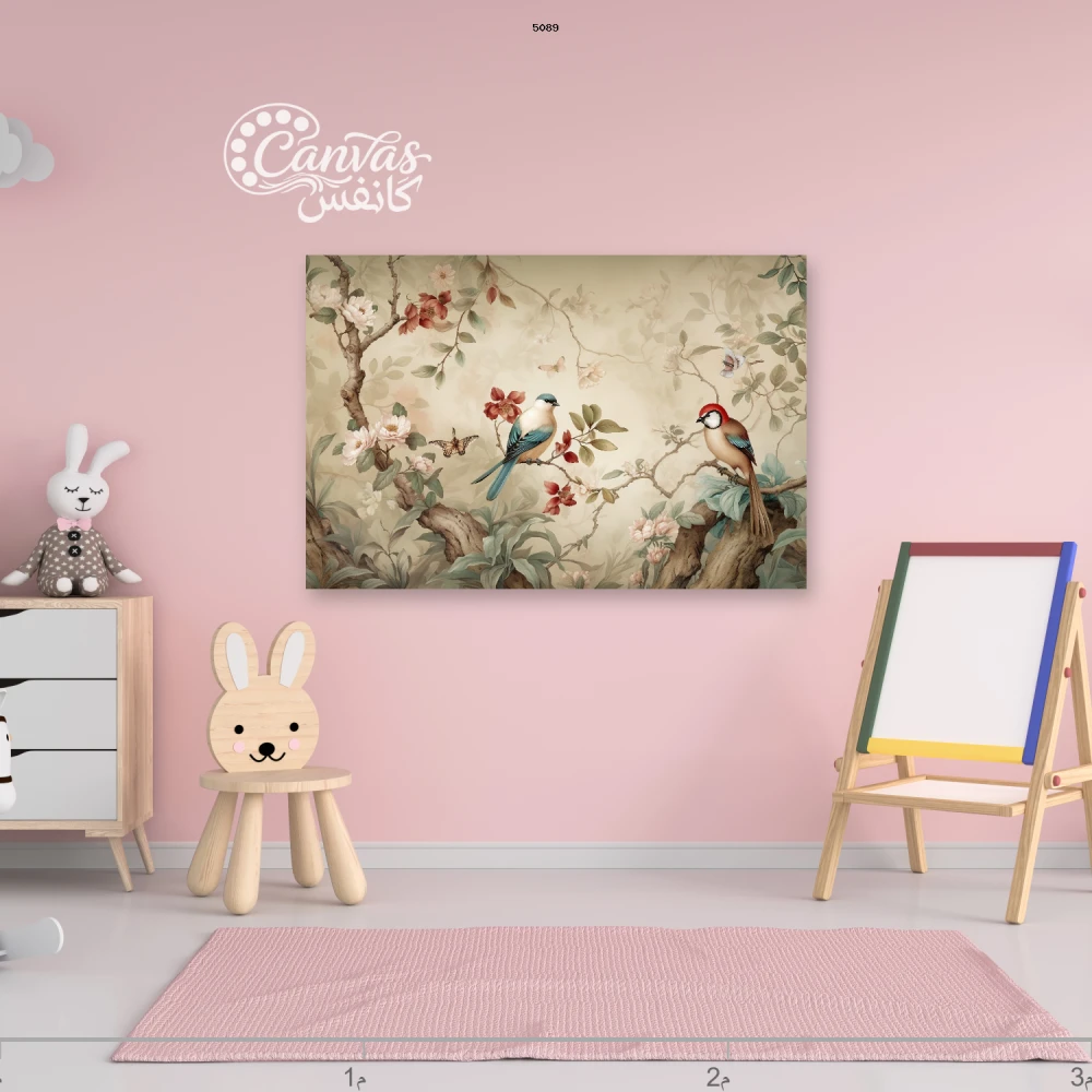 لوحة طيور ملونة تتوسط طبيعة هادئة