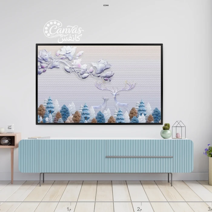 لوحة طبيعية مع غزلان وأشجار ملونة