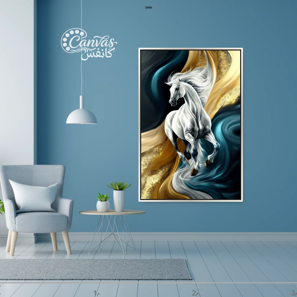 حصان أبيض يركض في أمواج ملونة