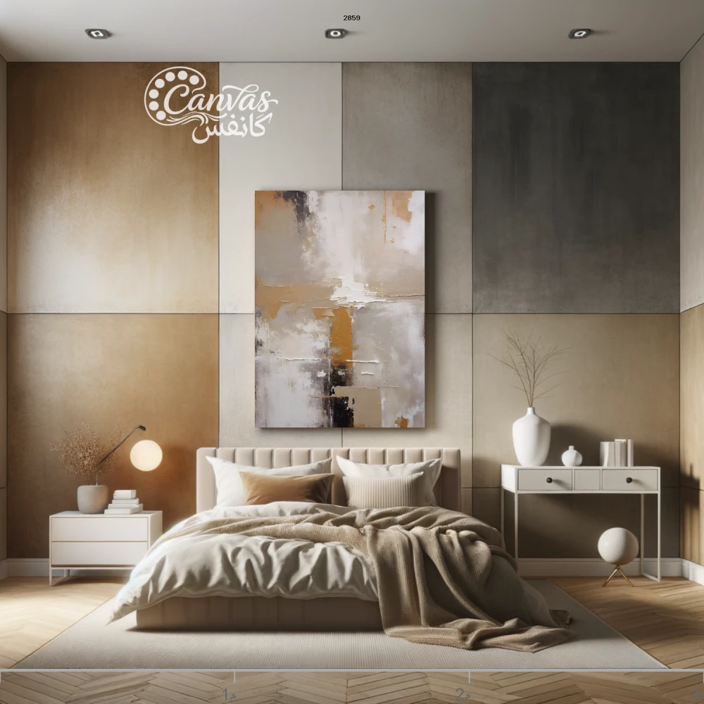 غرفة نوم مع جدران ملونة وأعمال فنية