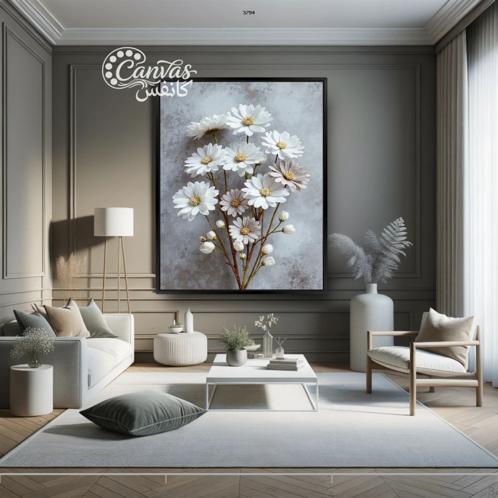 لوحة زهور بيضاء في غرفة حديثة