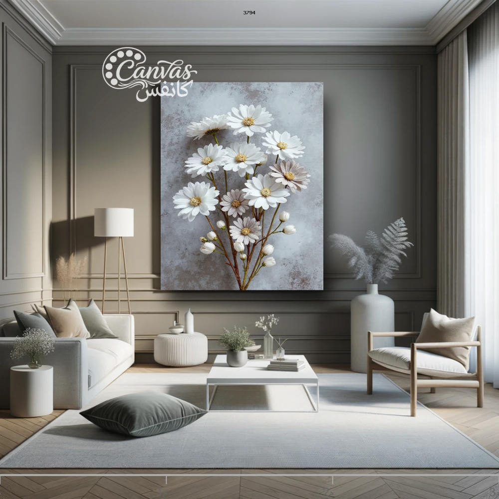 لوحة زهور بيضاء في غرفة حديثة