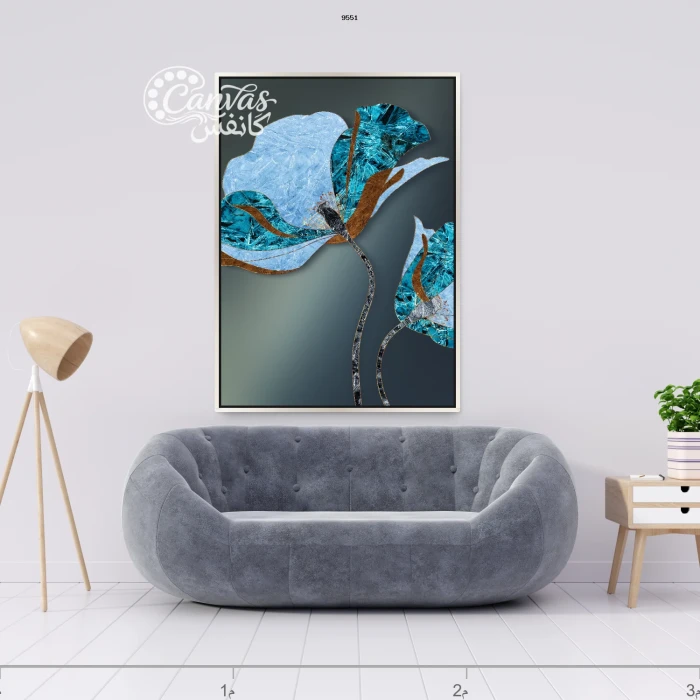 لوحة زهور بتدرجات الأزرق والبرتقالي