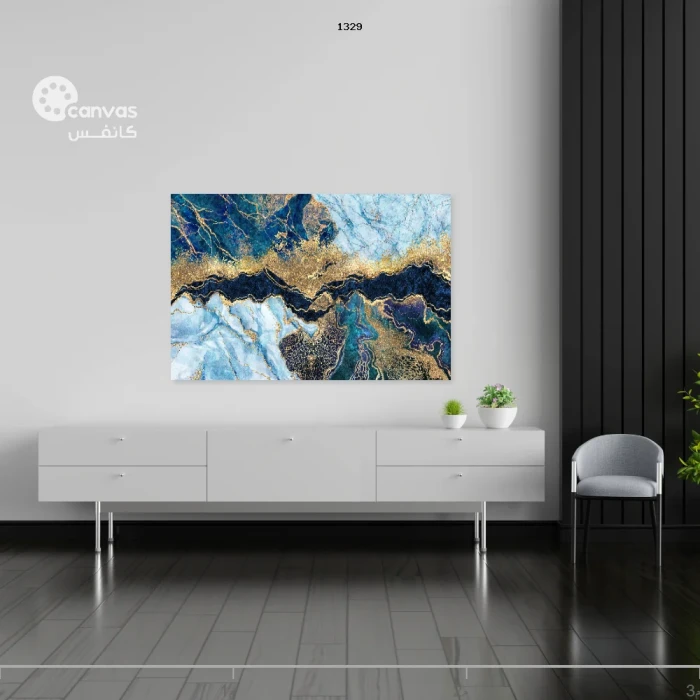 لوحة فنية تجريدية بتدرجات زرقاء وذهبية