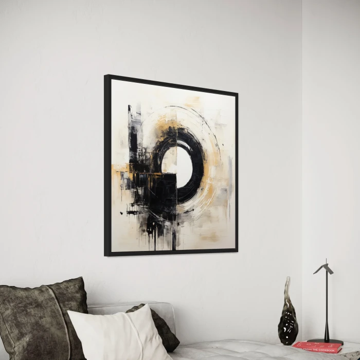 لوحة تجريدية بألوان متباينة وعناصر دائرية