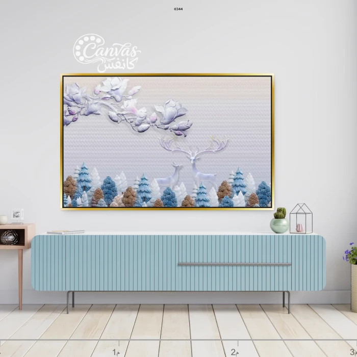 لوحة طبيعية مع غزلان وأشجار ملونة